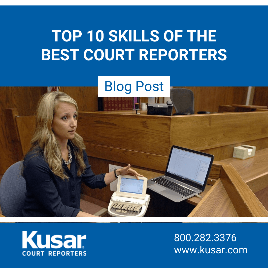 A court reporter checking her work from steno machine to laptop